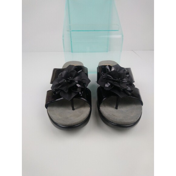 Dansko Black Patent Leather Flower Wedge Slip On Sandals Women's 37 / US 6.5 - 7 - Picture 2 of 8